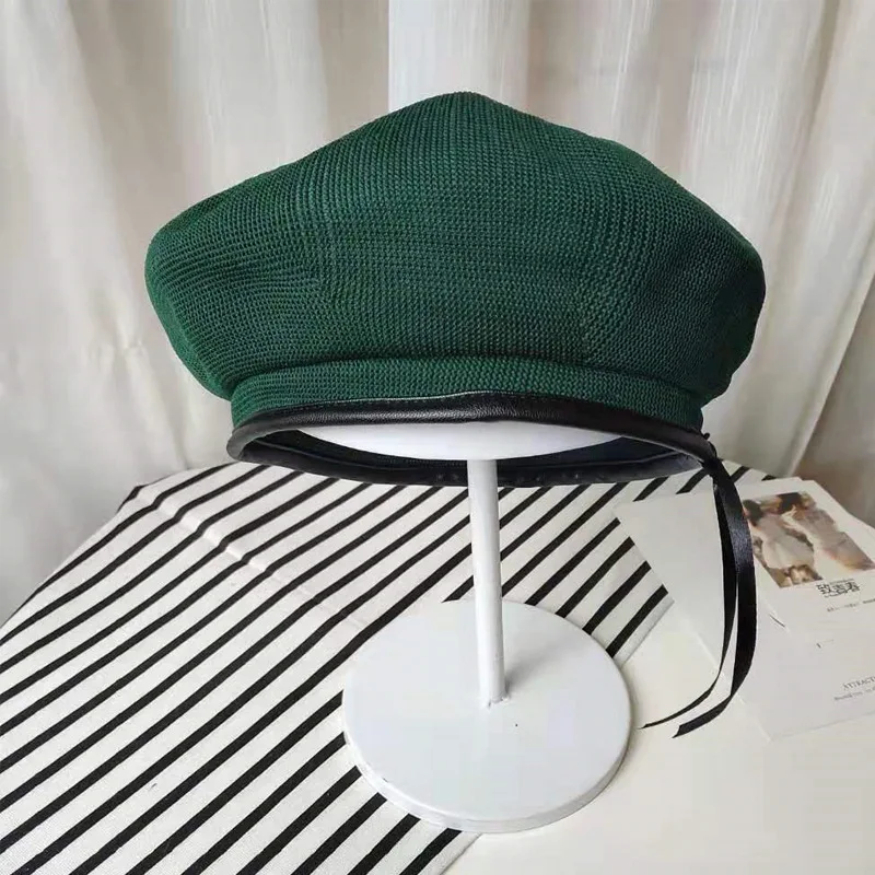 Подарки для девочек, зеленые тонкие вязаные береты, шапка для женщин, одноцветная Регулируемая шапка французского художника, Весенняя Осенняя женская шапка художника, женская шапка - Цвет: Blackish green