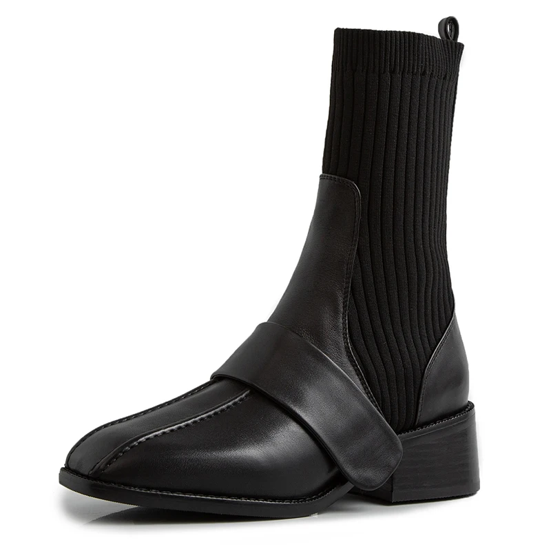Black Plush Lining ROBESPIERE/Женские Вязаные сапоги до середины икры; обувь из натуральной кожи на толстом каблуке; обувь для девочек с квадратным носком; теплые плюшевые эластичные носки; сапоги; B131 - Color: Black Plush Lining