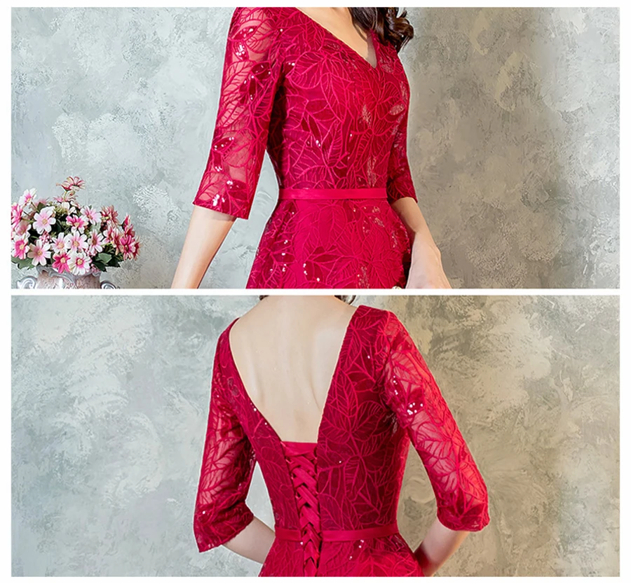 Vestido de festa longo, красное вино, половина рукава, новинка, открытая спина, v-образный вырез, вышивка, блестки, ткань, сексуальные длинные вечерние платья