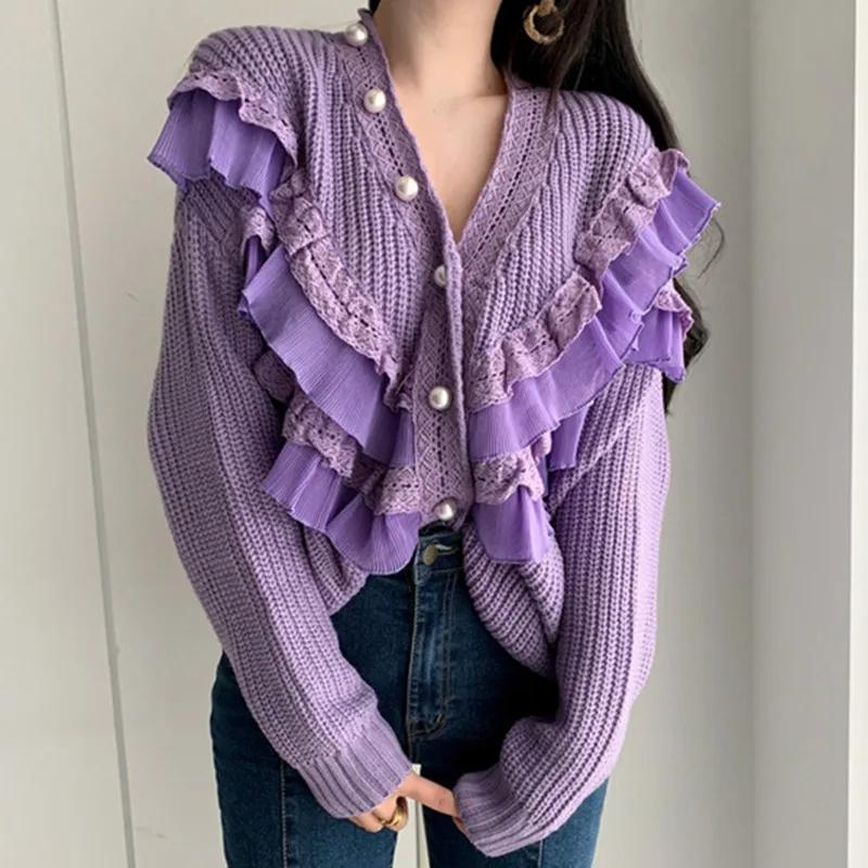 Purple Knit Sweater RICININA, свитера с оборками, кардиганы, женские топы, длинный рукав, жемчужные пуговицы, однотонный, Повседневный, вязаный свитер, женский кардиган, джемпер - Цвет: Purple Knit Sweater