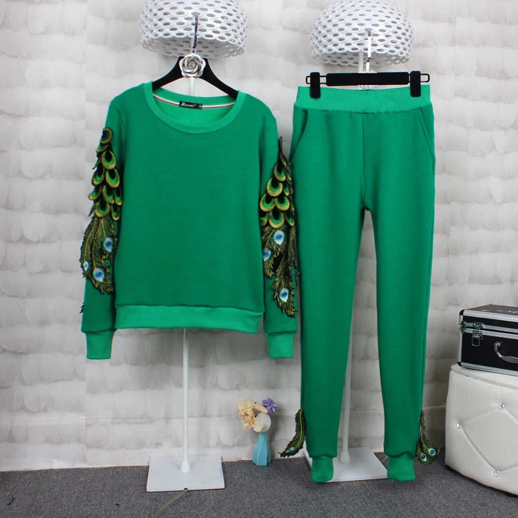 Green Set Осень, комплект из двух предметов: Топ и штаны, модный дизайн, вышивка с перьями, подиумная Женская Толстая спортивная одежда, спортивный костюм, комплект, брюки, костюм - Цвет: Green Set
