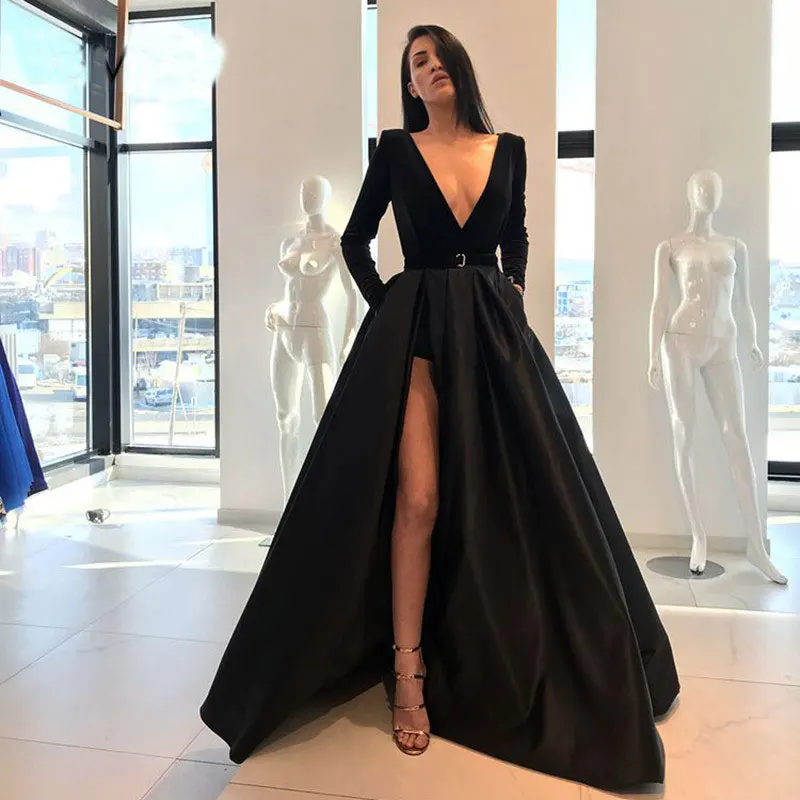 Мусульманские длинные стрейч вечерние платья для выпускного вечера vestido de noiva sereia платье атласное халат de soiree элегантное платье сексуальное С Боковым Разрезом - Цвет: black