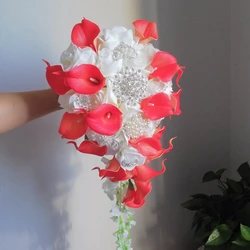 Coral Red Calla Lilies with Ivory Rose Crystal Wedding Bouquet Diamond Cascading Bridal Bouquet buque de noiva para casamento