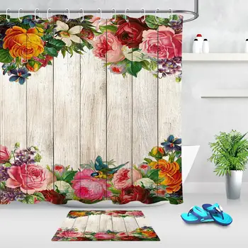 

Waterproof Shower Curtain For Bathroom Spring Flower Floral Wooden Board Printing Bathtub Curtains Polyester Fabric Curtain