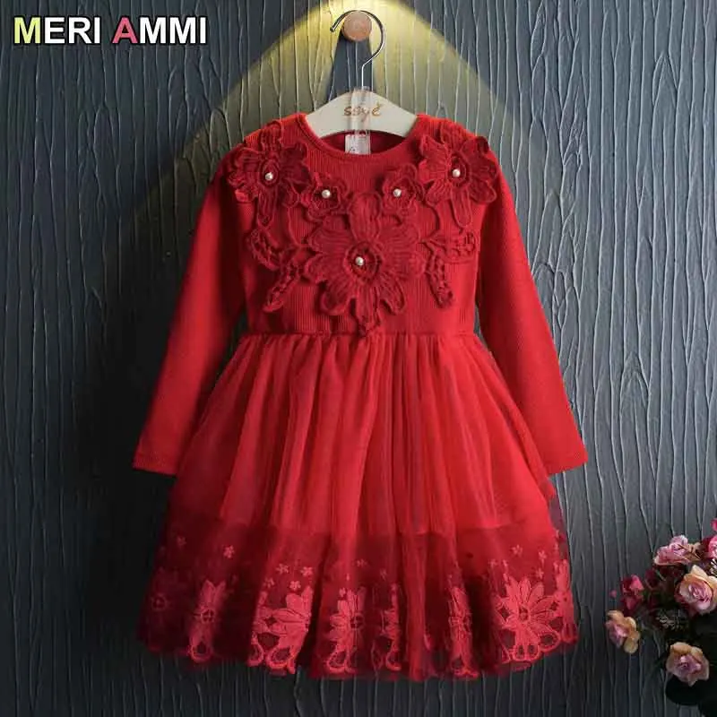 MERI AMMI/детская одежда для девочек; Рождественская одежда; весенне-осенние платья с цветочным рисунком для От 2 до 11 лет девочек; J799