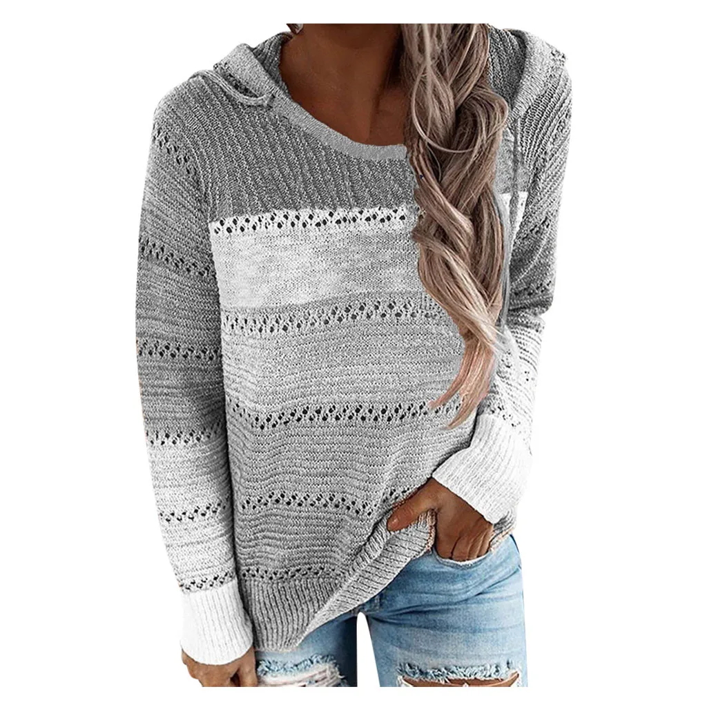

Women Hooded Lightweight Knit Sweater Winter Long Sleeve Stripe Pullover Sweatshirt Top Vetement Femme Jersey Mujer Invierno