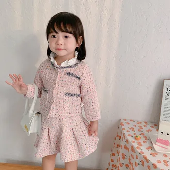 

WLG 2PCS Girls Clothes Kids Boutique Outfits Autumn White Pink Plaid Jacket and Skirt Set Baby Girl Fashion Party Clothing Set