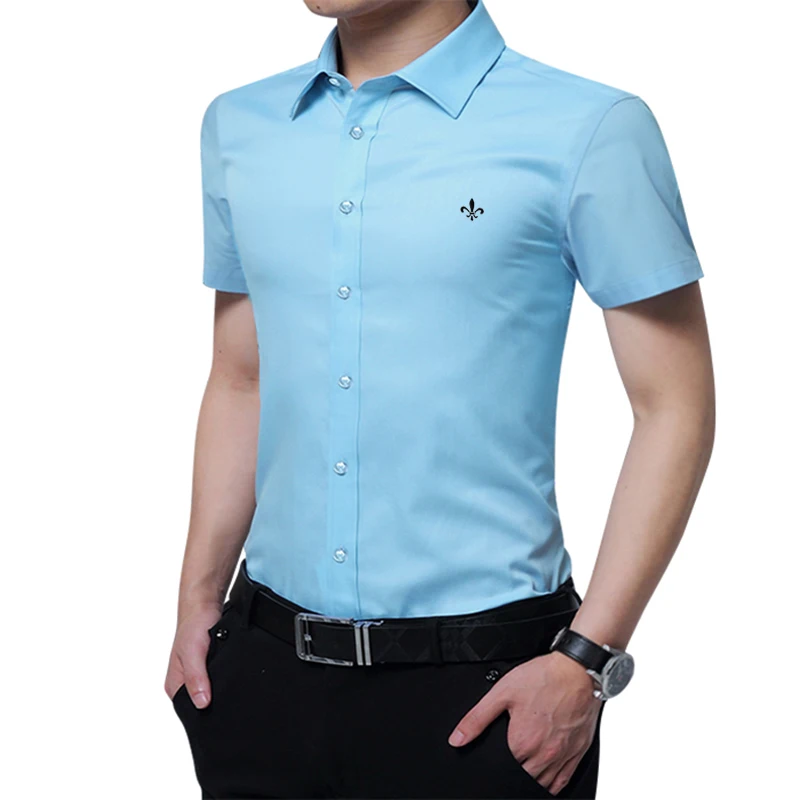 Плюс размер 8XL Dudalina вышивка мода Blusa Camisa Social Masculina короткий рукав Slim Fit рубашка мужская Цветочная Одежда Белый мужской - Цвет: DCZ2618A-SKY BLUE