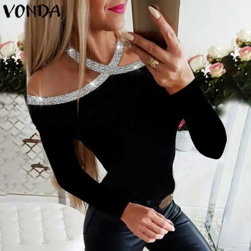 

VONDA 2020 Autumn Maternity Basic Casual Tops 5XL Lace-up Leisure Shirt Rhinestone Details Halter Short Sleeve Pregnancy Blouse