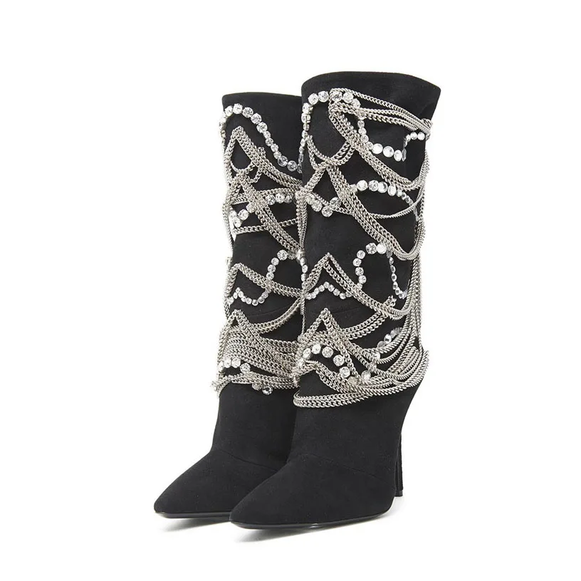 

Metal Chain Women Boots Pointed Toe High Thin Heels Crystal Decor Bling Woman Shoes Hot Short Booties Autumn Winter Solid Shoe