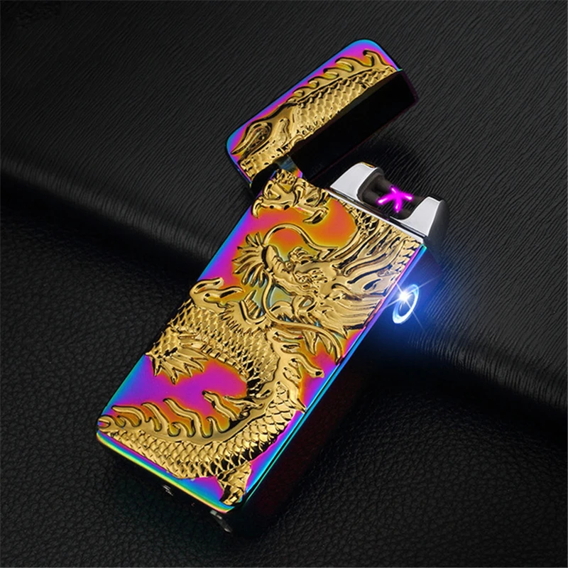 Dual Arc USB Lighters Metal Rechargeable Flameless Electric Lighter for Men Windproof Cigar Cigarette Plasma Lighter Electronic - Color: Colorful Dragon