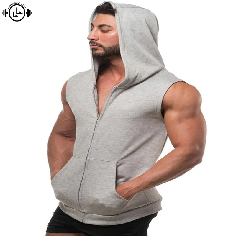 

Men's Gym shirts stringer Cotton zipper Running Hooded tank top men sport undershirt blank bodybuilding fitness Vest