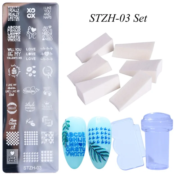 STZH-03 Set 1 Набор для ногтей штамповочная пластина для дизайна ногтей кружевной трафарет для ногтей с изображением кота из мультфильма для лака для ногтей маникюрный штамп скребок губка LASTZH01-12-2 - Цвет: STZH-03 Set