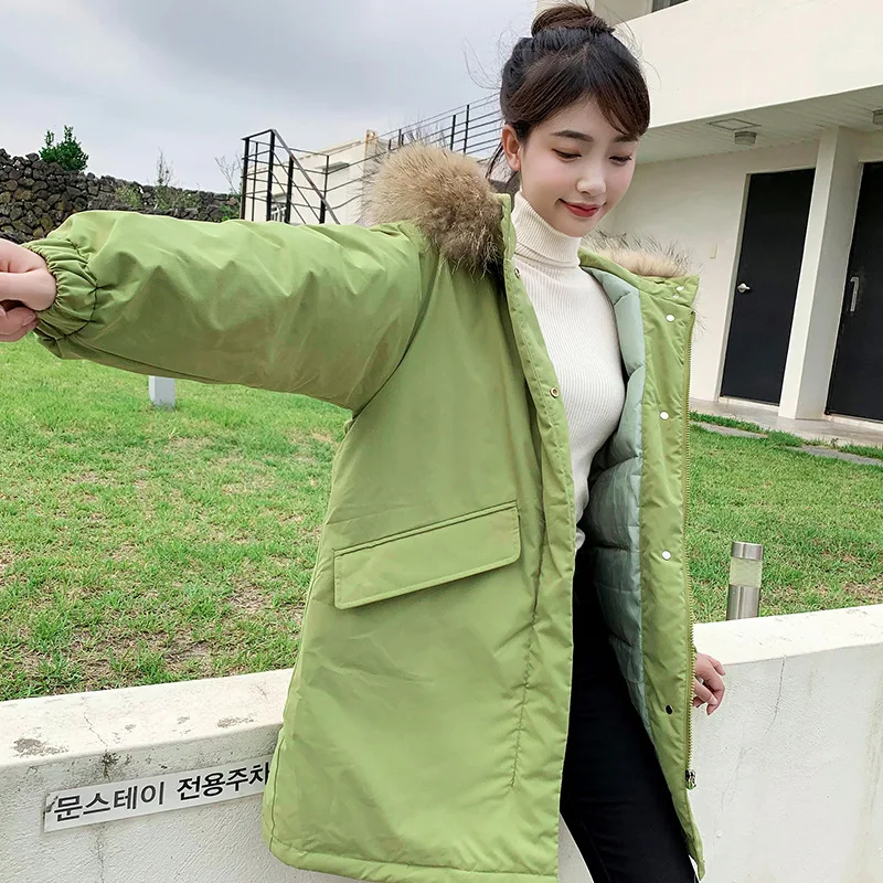 

Simple Fashion Women Winter Jacket Cotton Padded Warm Thicken Big Fur Collar Ladies Long Coats Parka Womens Jackets