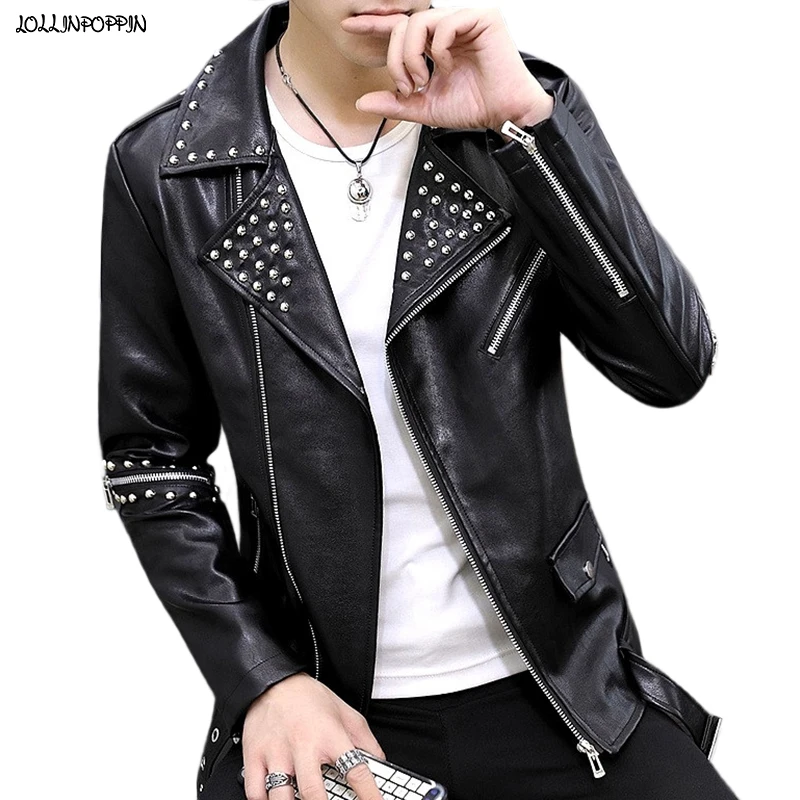 

Punk Style Men PU Leather Biker Jacket Riveted Notched Lapel 2021 New Zippered Cuffs Faux Leather Motorcycle Coat With Epaulets