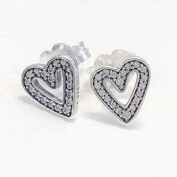

Original Sparkling Freehand Heart Stud Earrings With Crystal For Women 925 Sterling Silver Earring Wedding DIY Europe Jewelry