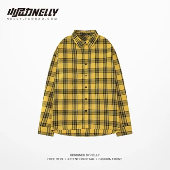 

Vintage Autumn Plaid Men Shirt Button Loose Yellow Casual Shirt Men Long Sleeve Oversized High Street Mens Clothing New MM60NCS