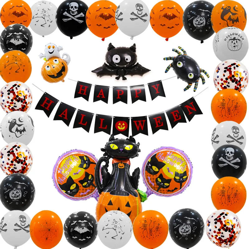 

34Pcs Halloween Balloons Kit Big Spider Skull Bat Foil Balloon For Halloween Party Home Decoration Pumpkin Halloween Banner