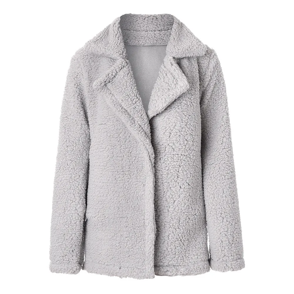 Gray Осенне-зимнее женское пальто из искусственного меха свободного размера плюс, свободное плюшевое пальто с отложным воротником, меховые куртки для женщин, Толстая теплая верхняя одежда - Color: Gray