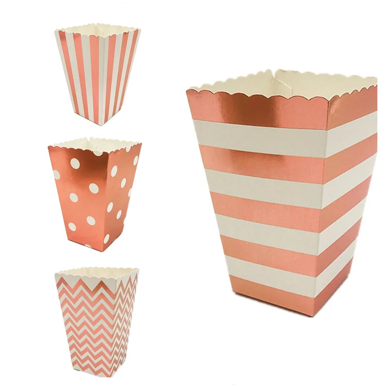 

6pcs/pack birthday party decorations gift bag kids popcorn boxes rose gold bronzing stripe pop corn box wedding valentine's gift