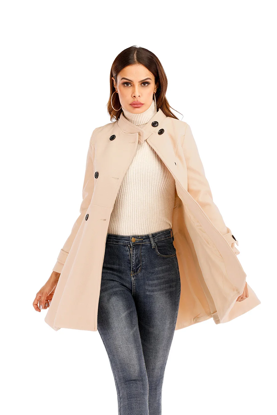 Benuynffy винтажное двубортное пальто с баской осенне-зимнее женское элегантный воротник-стойка шерстяное пальто женское тонкое пальто верхняя одежда