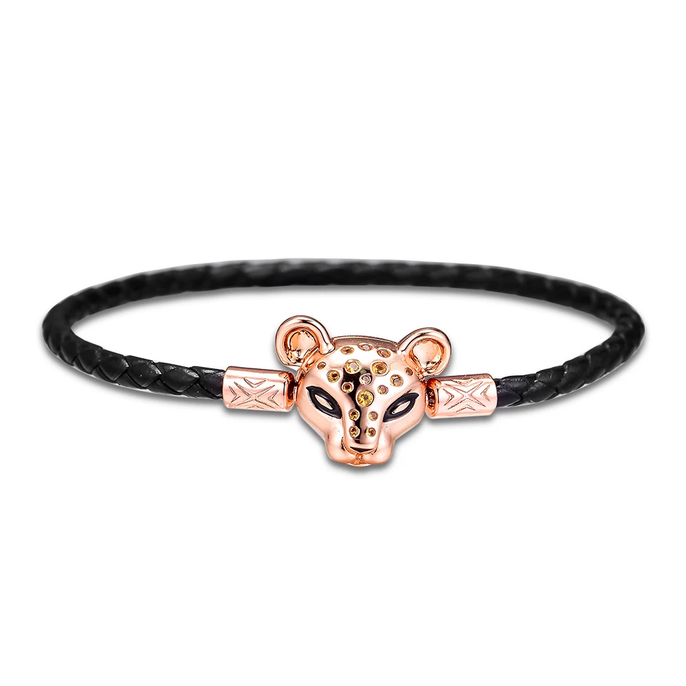 

Charm Bracelets Genuine 925 Sterling Silver Sparkling Lion Princess Woven Leather Bracelet Bangles Fits Europe Charms Beads