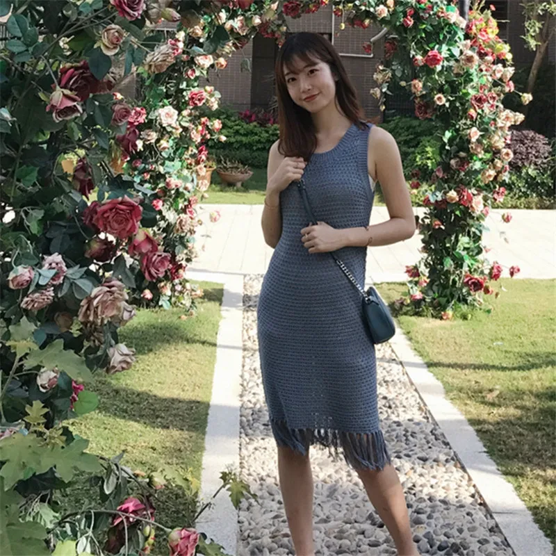 Sexy Knitted Dress Beach Bikini Cover Up Bodycon Bandage Dress Summer Sleeveless Tassel Crochet Dresses Swimsuit Vestidos