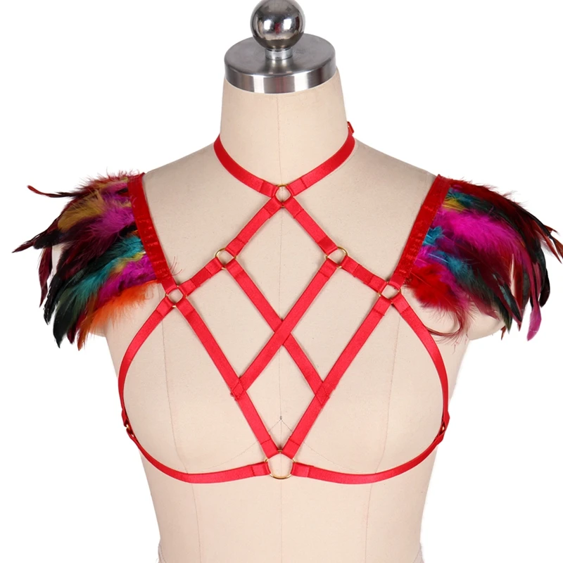 

Goth Womens Fashion Feather Crop Tops Cage Bra Bondage Belt Body Harness Elastic Strappy Bra Sexy Lingerie Festival Rave Wear