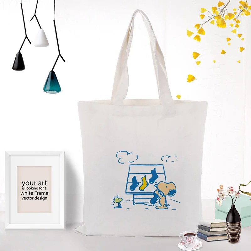 Cute Cartoon Dog Canvas Tote Bag Text DIY Custom Print Logo Daily Use Shopping Bag Eco Ecologicas Reusable Recycle