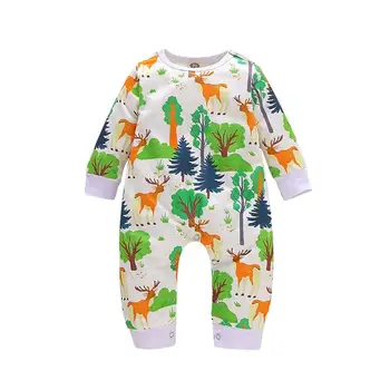 

Toddler Baby Jumpsuits Cotton Round Collar Long Sleeve Cartoon Animals Plants Print Boys Girls Sunsuit Leisure Homewear