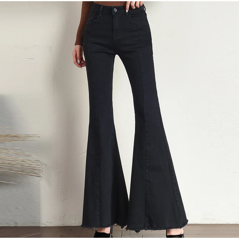 Plus Size Big Bell-Bottom Stretch Black Denim Long Jeans For Women 5Xl 7Xl Autumn Winter Wide Leg Tassel Skinny Flare Pants Plus Size Big Bell-Bottom Stretch Black Denim Long Jeans For Women 5Xl 7Xl Autumn Winter Wide Leg Tassel Skinny Flare Pants