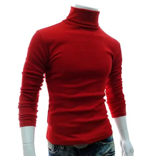 Осень Мужчины сплошной цвет черепаха шеи с длинным рукавом свитер тонкий вязаный пуловер Топ - Цвет: Красный
