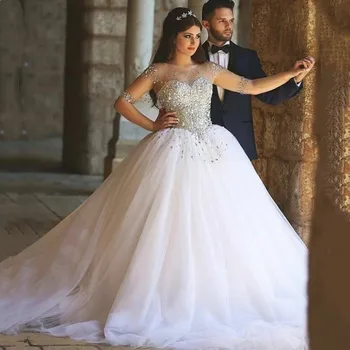 

Illusion Long Sleeves Bridal Gowns Tulle Beaded Sweetheart Ball Gown Wedding Dresses