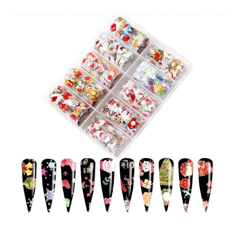 

10Rolls Christmas Nail Transfer Foil Stickers Adhesive Paper Transfer Glitter Stickers 3D Nail Art Decals Festival Decoration M9
