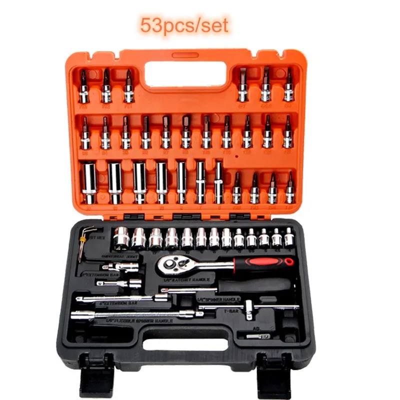 

46pcs 53pcs Car Repair Tool Set 1/4-Inch Socket Set Ratchet Torque Wrench Batch Head Hand Combo Tools Kit Auto Repairing Tool