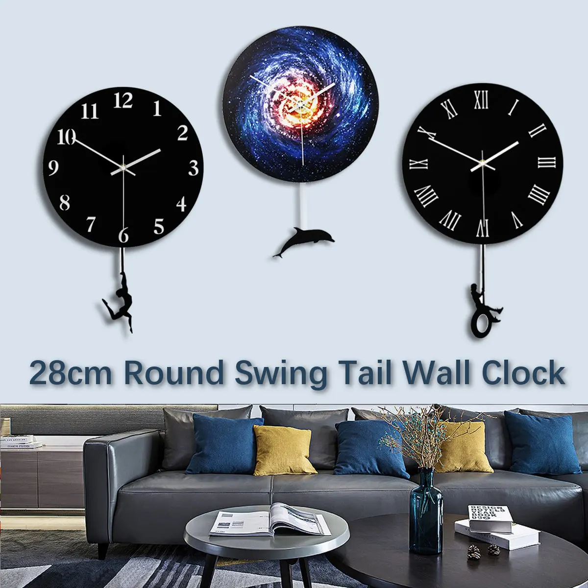 28cm Modern Acrylic Round Wall Clock Swing Tail Home Living Room Watch Decor Bedroom Dinning Room Mute Clock Hanging Decoration