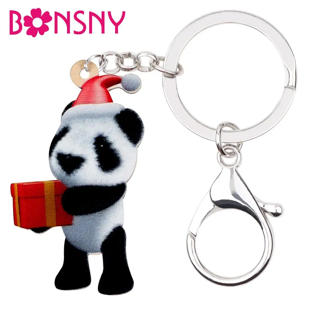 

Bonsny Acrylic Christmas Cute Panda Gift Box Key chains Key Rings Bag Car Wallet Animal Keychains Women Girls Charms Sweet Gift