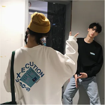 

2019 Autumn Letter Printing Round Neck Bottoming Men's Teens Couple Loose Printed Drop Shoulder Casual T-shirt