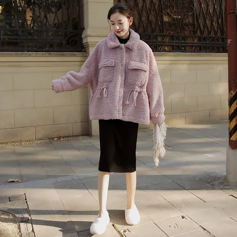 

2019 Winter New Style Korean-style CHIC Fur Lambs Wool Coat Women's Short Drawstring Waist Hugging Sweet Cotton-padded Clothes