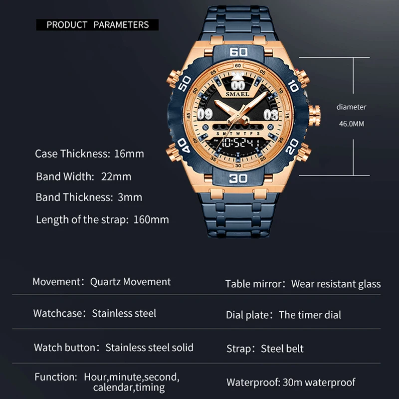 SMAEL Watch Male 2021 Sports Digital Watches Men Waterproof Steel Military Quartz Watch For Men Wristwatch Relogio Masculino