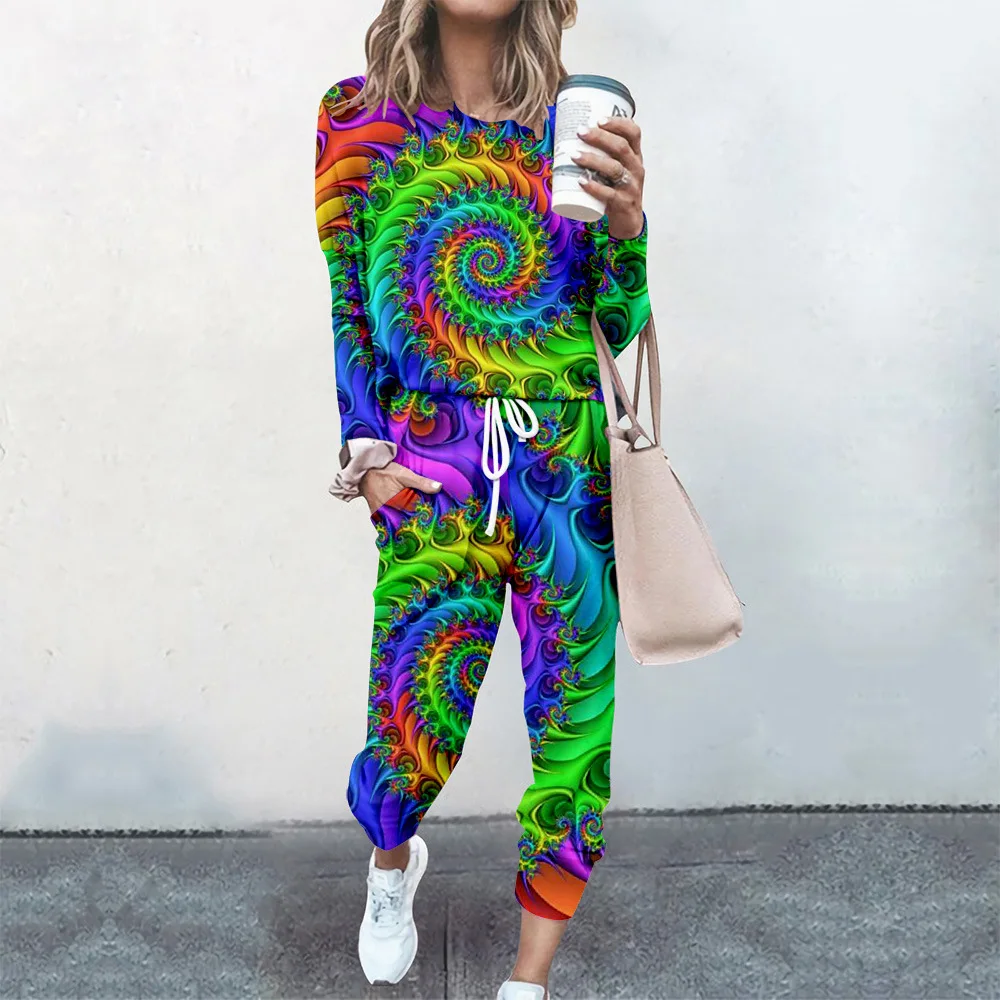 

Женский спортивный костюм, комплект из двух предметов с разноцветным принтом, весна-осень 2021