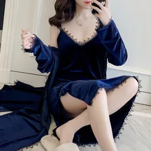 2PCS Robe Suit Velour Lady Kimono Bathrobe Gown Nightdress Velvet Lounge Autumn Winter Sleepwear Casual Sexy Warm Ngelihee