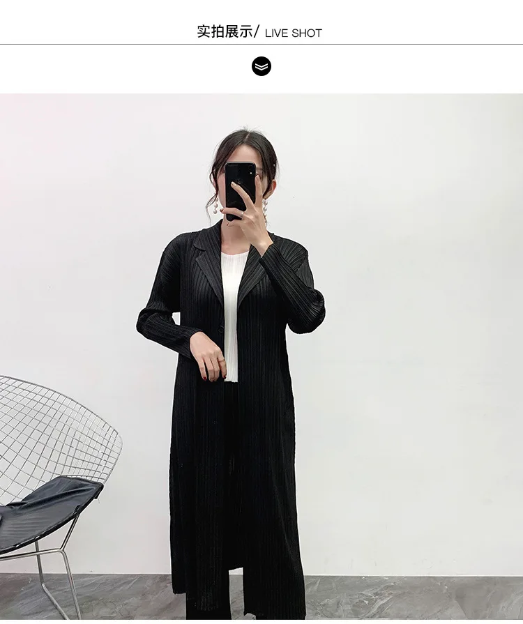 Женский плащ размера плюс, осень, Одноцветный, эластичный, свободный, Miyake, плиссированный, зубчатый воротник, на одной пуговице, длинный рукав, пальто
