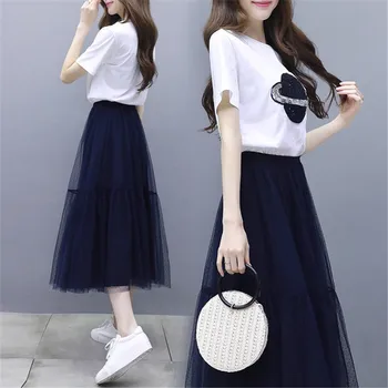 

Fairy Maiden Skirts with Short Sleeve Print Shirts Set Summer Autumn Elegant Mesh Skirt Office Lady Casual Gentle Women Vestidos