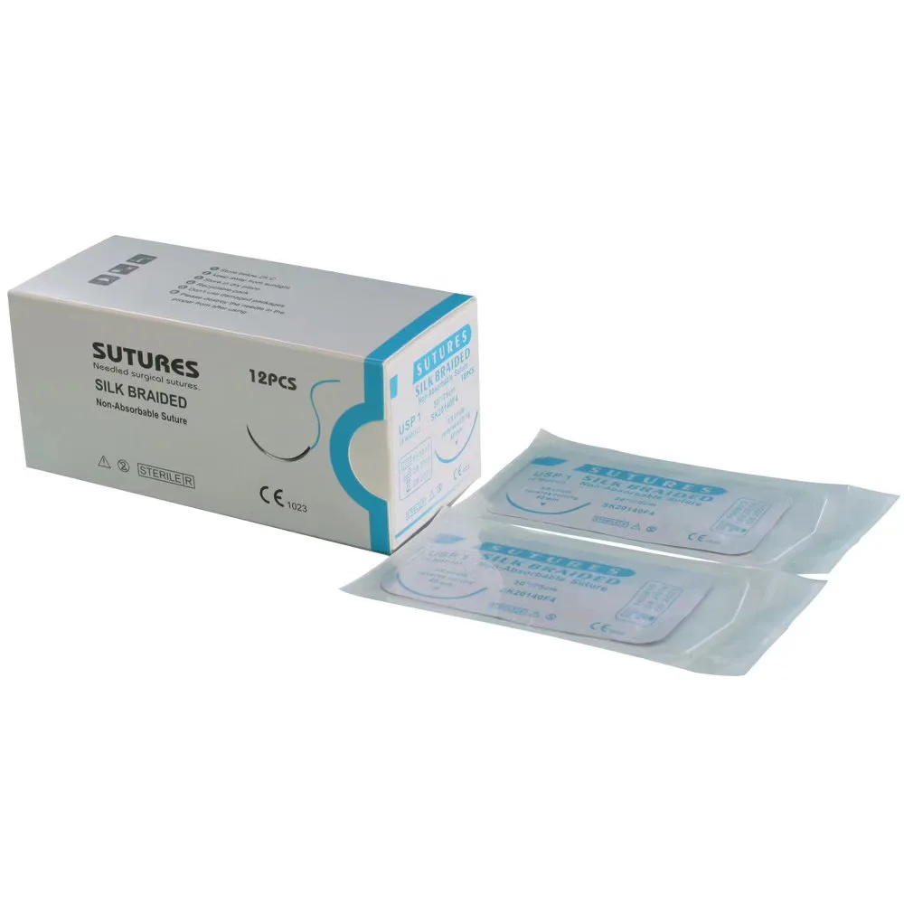 Veterinary Silk Suture with Needle USP1 USP2/0 3/0 4/0 75cm Black Braided Medical Sterile