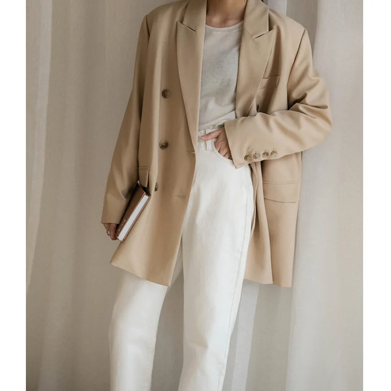 Пиджак женский осенний корейский стиль сплошной цвет рыхлый двубортный с поясом