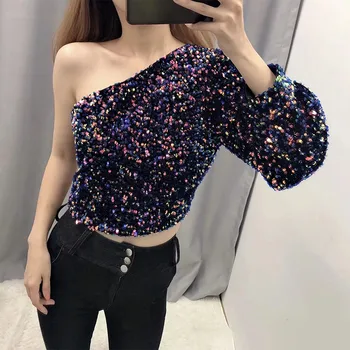 

Off Shoulder Sequin Women Asymmetrical Shirt Streetwear Short Female Shirts 2020 Spring Summer Fashion Ladies Crop Top Blouses