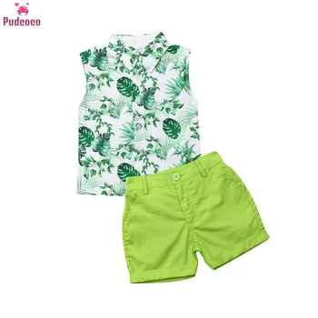 

New 2 Pieces Toddler Kids Baby Boy Clothes Set Little Boys Sleeveless Printed Leaves Tank Top+Short Pants Summer Outfits Set