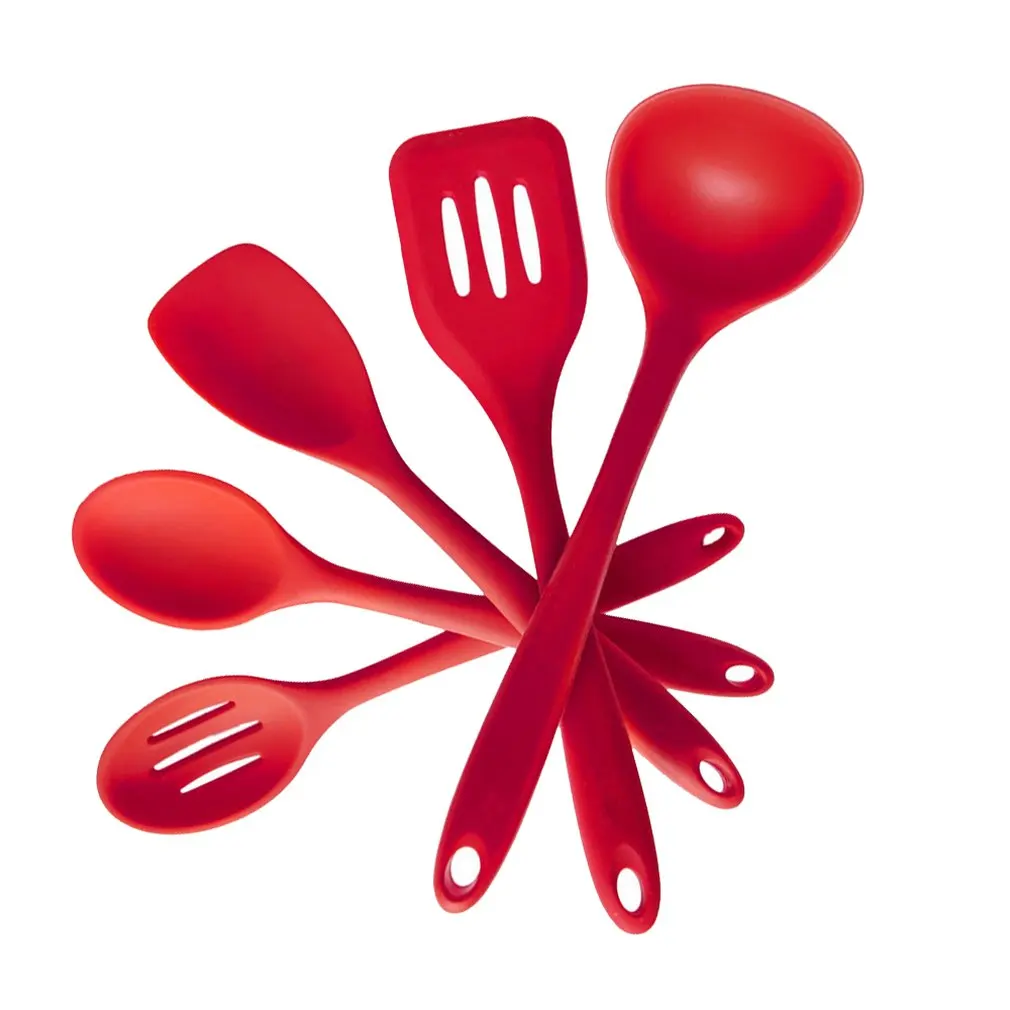 5Pcs Red Fashion Non-Stick Silicone Kitchen Portable Mini Kitchen Set Shovel Scraper Colander Food Clip Egg Beater