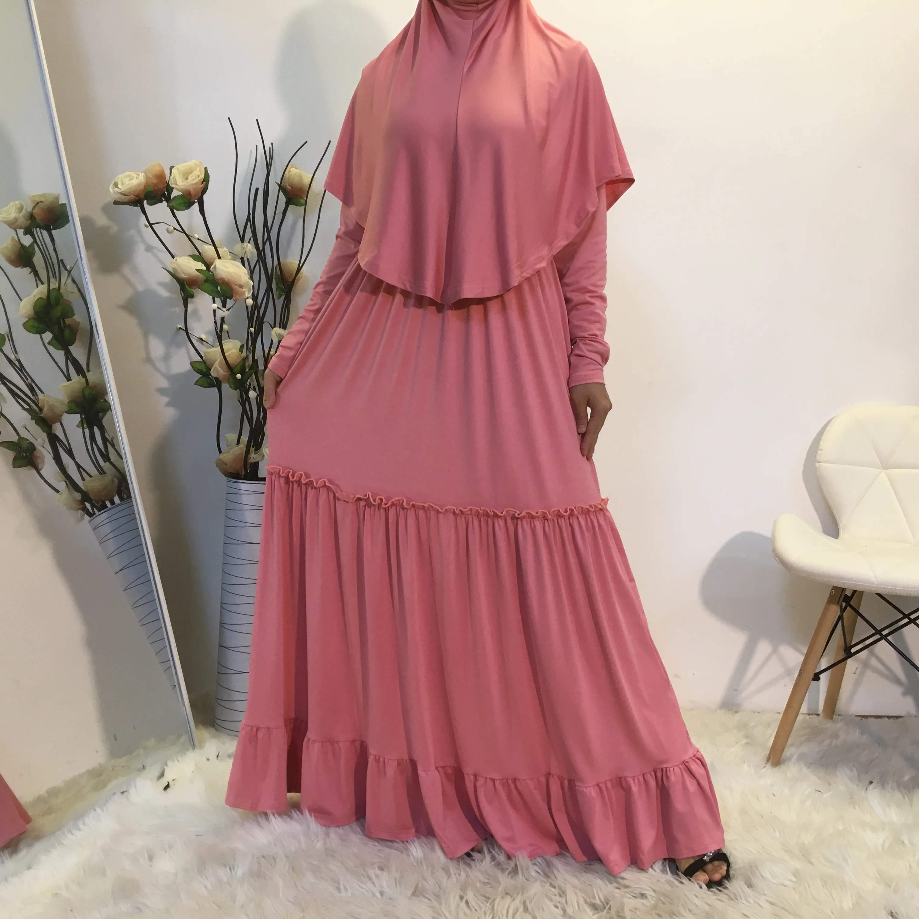 Latest Simple Plain Color Design Muslim Long Dress With Hijab Scarf Islamic Turkey Clothing Women Prayer